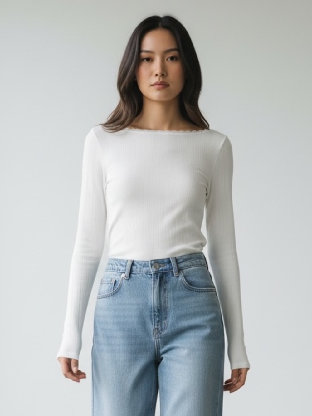 1444 • White Rayon Blend Rib Knit Lace Trim Bateau Neck Long Sleeve Top